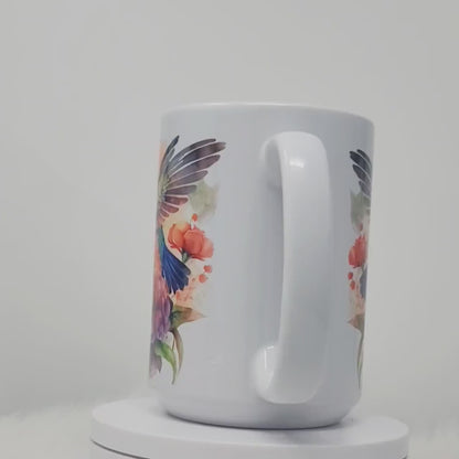 Kolibri-Tasse, Pfirsich, Blaugrün, Lila und Blau Aquarell Gartenvogel-Tasse, 15oz, versandfertig