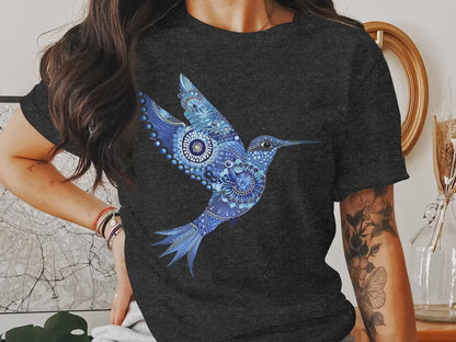 Blue Floral Hummingbird T-Shirt, Intricate Mandala Style Hummingbird Design, Bird Lover Gift Trendy 3960 Hummingbird