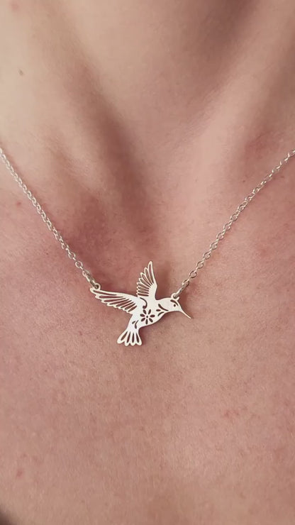 Hummingbird Necklace • Sterling Silver Bird Lover Charm Jewelry • Cutout Geometric Avian Hummer Gift • Intricate Outline Silhouette Winged