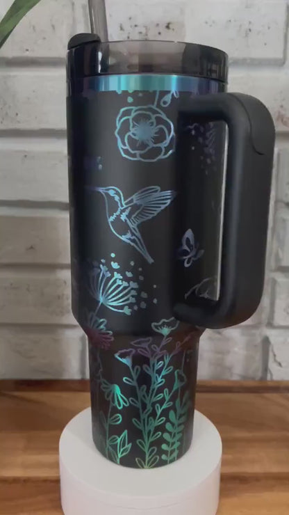 Hummingbird with Wildflowers and Butterflies Engraved Stanley or Super Dupe 40oz Travel Tumbler - Gift - My Only Sunshine - Floral - Flower