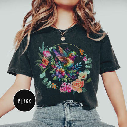 Kolibri Shirt Aquarell Blumenkranz Shirt Cottagecore T-Shirt Vogel Blumen Shirt Kolibri Liebhaber Geschenk für Frauen Buntes Grafik T-Shirt