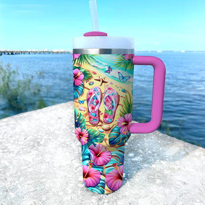 40 Oz Shiny Tumbler Tropischer rosa Flipflop