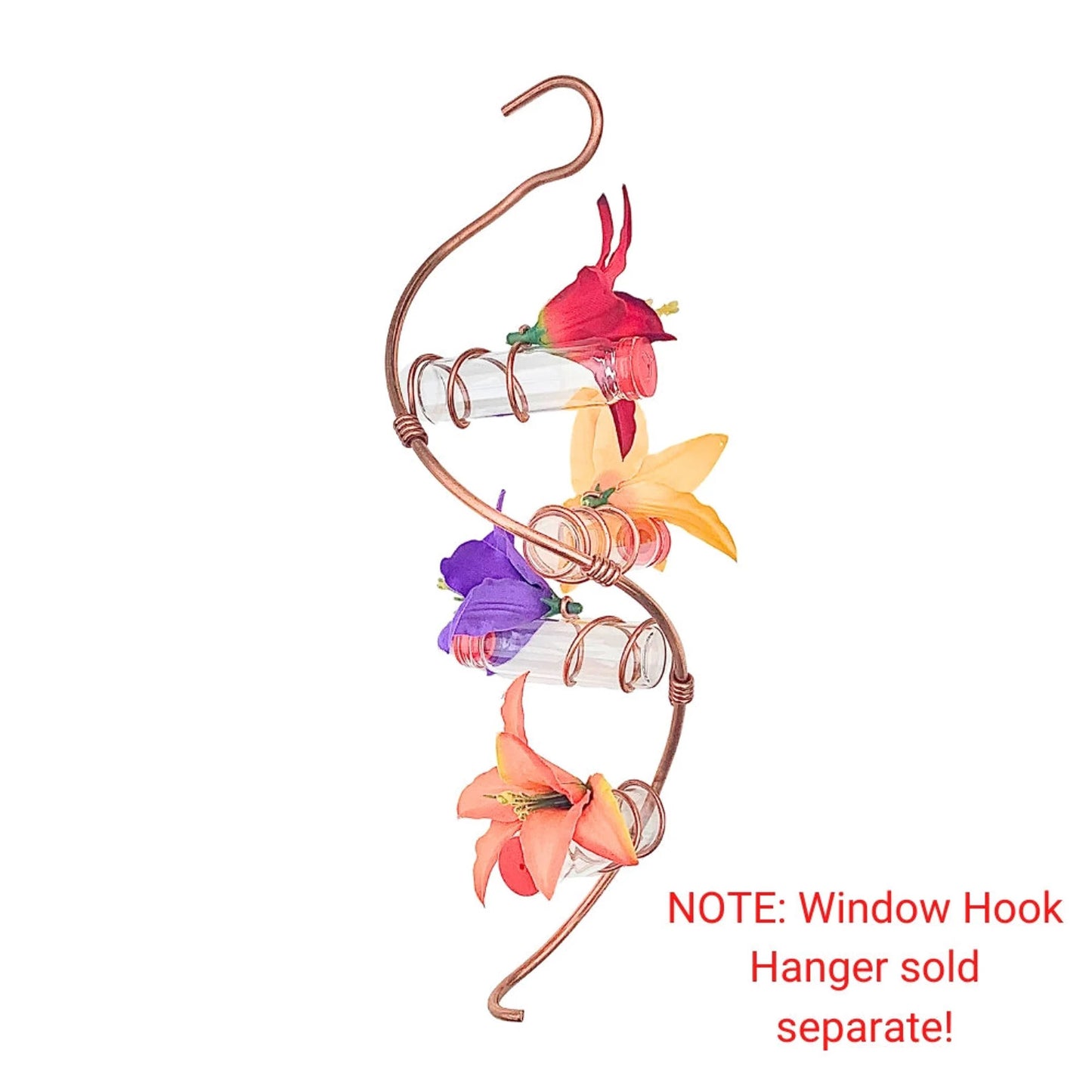 Modern 4 Station Spiral Hummingbird Feeder | Copper | Silk Flowers | Glass Bottles | New Look