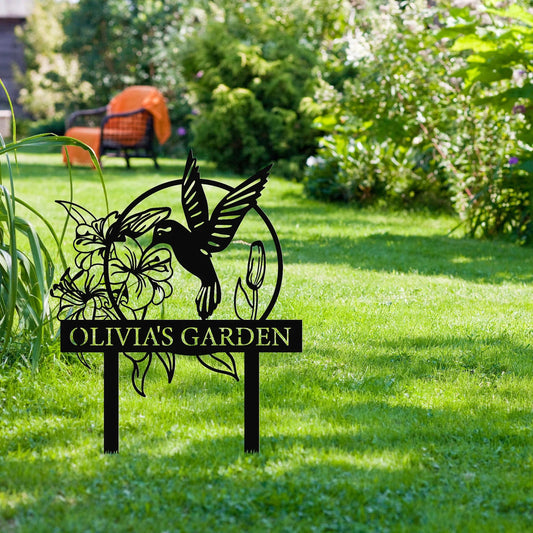 Personalisiertes Kolibri-Gartendekor aus Metall, Vogel mit Pfählen, Gartenschild, Blumendesign, personalisiertes Gartenschild, individuelles Gartennamensschild, Wohngeschenk