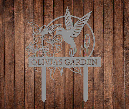 Custom Hummingbird Metal Garden Decor, Bird with Stakes Garden Sign,Flower Design Personalized Garden Sign,Custom Garden Name Sign,Home Gift