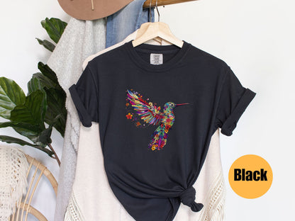 Blumen-Kolibri-Shirt | T-Shirt für Tierliebhaber | Vogel-T-Shirts | Trendy T-Shirt | Geschenk für sie | T-Shirt für Vogelliebhaber | Frühlingsvögel | Blumen-Shirt