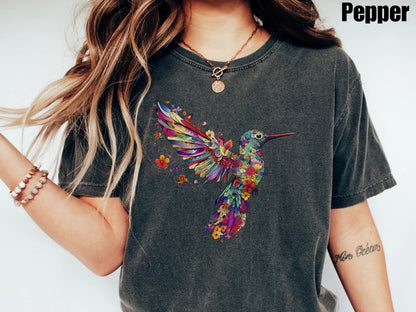 Blumen-Kolibri-Shirt | T-Shirt für Tierliebhaber | Vogel-T-Shirts | Trendy T-Shirt | Geschenk für sie | T-Shirt für Vogelliebhaber | Frühlingsvögel | Blumen-Shirt