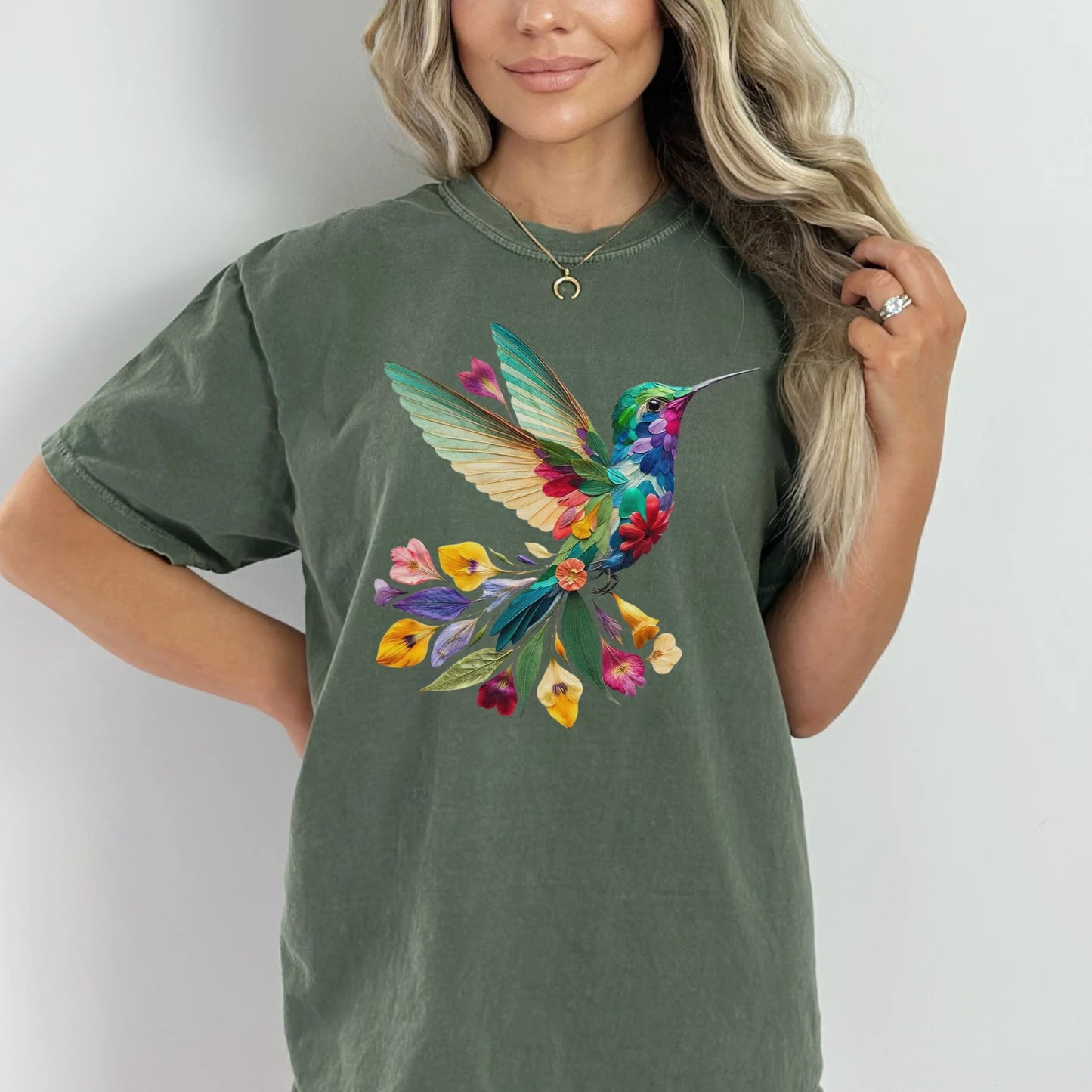 Floral Hummingbird Shirt, Animal Lover Tee, Bird T Shirts, Trendy Tee, Gift For Her, Bird Lover T-Shirt, Spring Birds, Flower Shirt