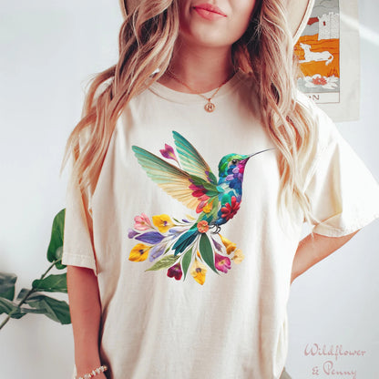 Florales Kolibri Shirt, Tierliebhaber T-Shirt, Vogel T-Shirts, trendiges T-Shirt, Geschenk für Sie, Vogelliebhaber T-Shirt, Frühlingsvögel, Blumen Shirt