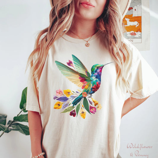 Chemise florale de colibri, tee-shirt d’amoureux des animaux, t-shirts d’oiseaux, tee-shirt tendance, cadeau pour elle, t-shirt d’amoureux des oiseaux, oiseaux de printemps, chemise à fleurs