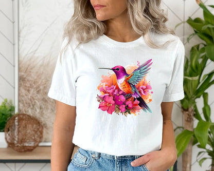 Sweat-shirt colibri floral rose, tee-shirt amoureux des animaux, t-shirts d’oiseaux, tee-shirt tendance, cadeau pour elle, t-shirt amateur d’oiseaux, oiseaux de printemps, chemise à fleurs