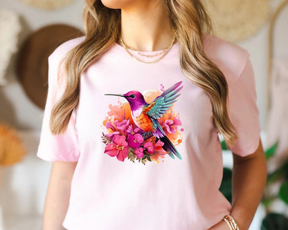 Rosa Blumen Kolibri Sweatshirt, Tierliebhaber T-Shirt, Vogel T-Shirts, Trendy T-Shirt, Geschenk für Sie, Vogelliebhaber T-Shirt, Frühlingsvögel, Blumen Shirt