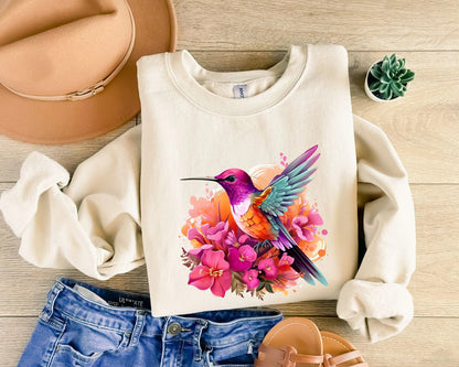 Sweat-shirt colibri floral rose, tee-shirt amoureux des animaux, t-shirts d’oiseaux, tee-shirt tendance, cadeau pour elle, t-shirt amateur d’oiseaux, oiseaux de printemps, chemise à fleurs