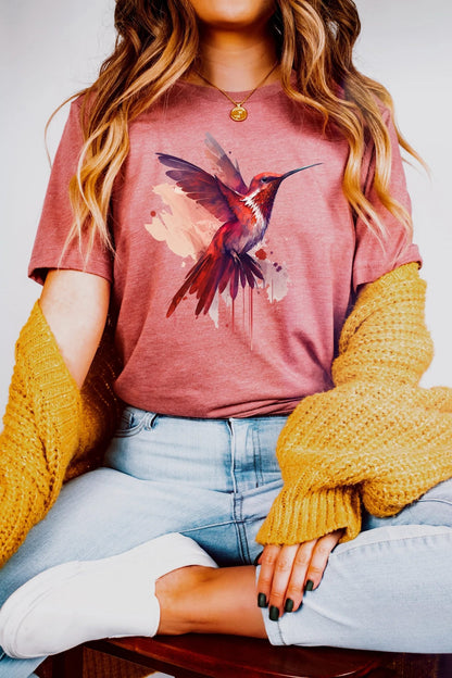 Vibrant Hummingbird Shirt | Watercolor Graphic Tee | Oversized Artistic Animal TShirt | Nature Inspired Gift for Her | Unique Birding Top