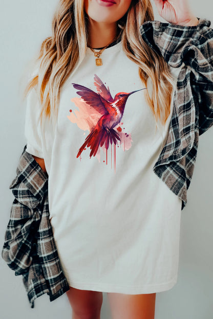 Vibrant Hummingbird Shirt | Watercolor Graphic Tee | Oversized Artistic Animal TShirt | Nature Inspired Gift for Her | Unique Birding Top