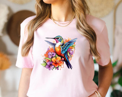 Florales Kolibri Shirt, Tierliebhaber T-Shirt, Vogel T-Shirts, trendiges T-Shirt, Geschenk für Sie, Vogelliebhaber T-Shirt, Frühlingsvögel, Blumen Shirt