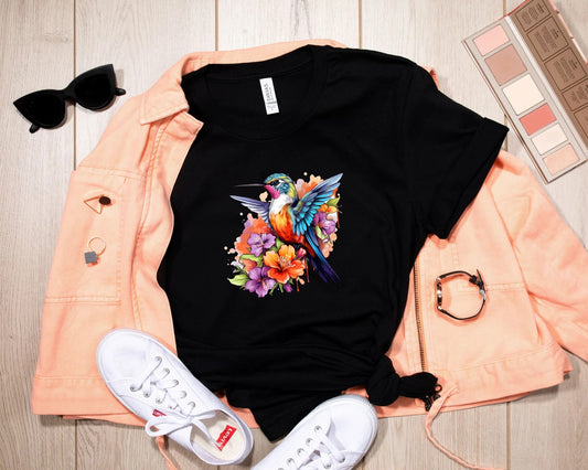 Floral Hummingbird Shirt, Animal Lover Tee, Bird T Shirts, Trendy Tee, Gift For Her, Bird Lover T-Shirt, Spring Birds, Flower Shirt