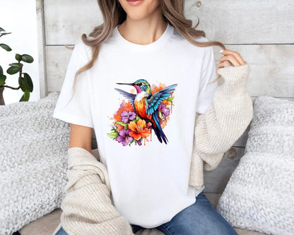 Floral Hummingbird Shirt, Animal Lover Tee, Bird T Shirts, Trendy Tee, Gift For Her, Bird Lover T-Shirt, Spring Birds, Flower Shirt