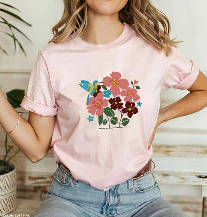 Kolibri-Shirt, Blumen-Shirt, Vogel-Shirt, Natur-Shirt, Vogel-T-Shirt, Blumen-Shirt, Geschenk für Vogelliebhaber, Naturliebhaber, Geschenk für Vogelliebhaber