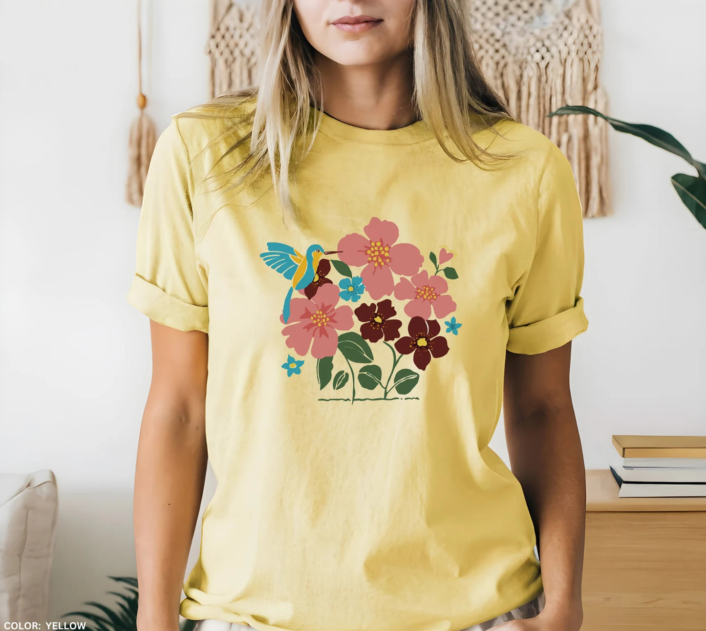 Kolibri-Shirt, Blumen-Shirt, Vogel-Shirt, Natur-Shirt, Vogel-T-Shirt, Blumen-Shirt, Geschenk für Vogelliebhaber, Naturliebhaber, Geschenk für Vogelliebhaber