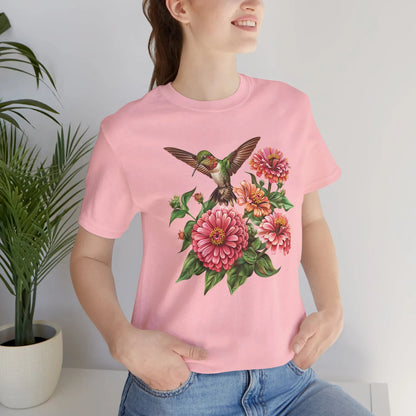 Nature Inspired Botanical Art Print with Realistic Hummingbirds and Vibrant Pink Zinnia Flowers for T-Shirt Design