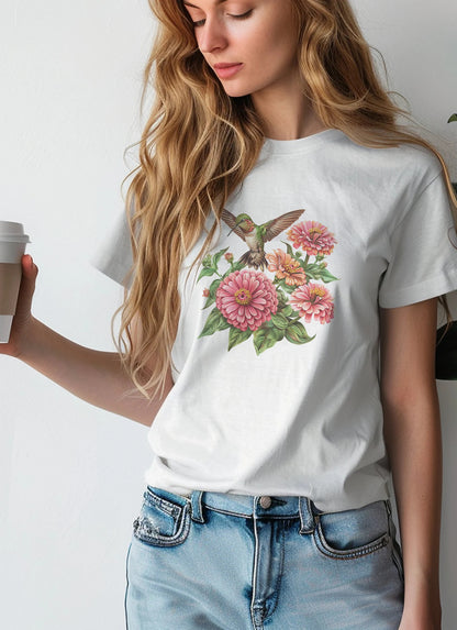 Nature Inspired Botanical Art Print with Realistic Hummingbirds and Vibrant Pink Zinnia Flowers for T-Shirt Design