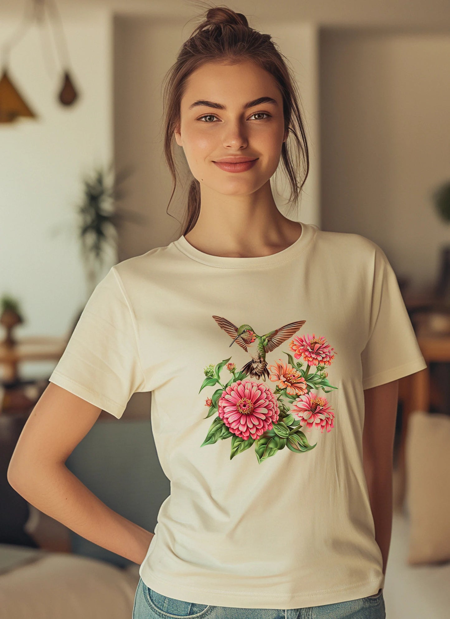 Nature Inspired Botanical Art Print with Realistic Hummingbirds and Vibrant Pink Zinnia Flowers for T-Shirt Design