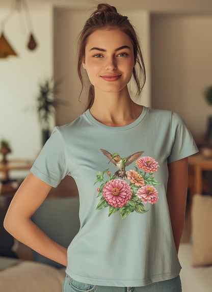 Von der Natur inspirierter botanischer Kunstdruck mit realistischen Kolibris und leuchtend rosa Zinnienblüten für T-Shirt-Design