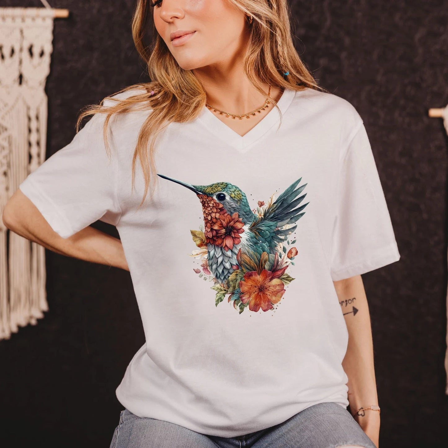 Hummingbird Floral V-Neck Shirt, Hummingbird Shirt, Bird Shirt, Gift for her, Shirt for Her, Floral Shirt, Flower Shirt, Gift for Bird Lover