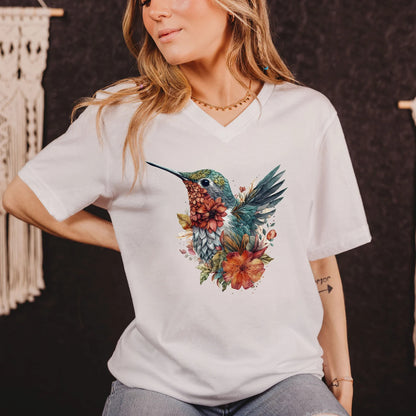 Kolibri Floral V-Ausschnitt Shirt, Kolibri Shirt, Vogel Shirt, Geschenk für sie, Shirt für Sie, Floral Shirt, Blumen Shirt, Geschenk für Vogelliebhaber