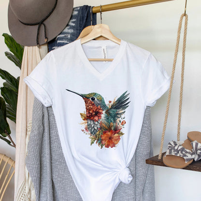 Kolibri Floral V-Ausschnitt Shirt, Kolibri Shirt, Vogel Shirt, Geschenk für sie, Shirt für Sie, Floral Shirt, Blumen Shirt, Geschenk für Vogelliebhaber