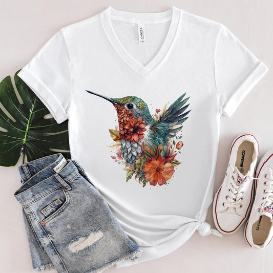 Hummingbird Floral V-Neck Shirt, Hummingbird Shirt, Bird Shirt, Gift for her, Shirt for Her, Floral Shirt, Flower Shirt, Gift for Bird Lover