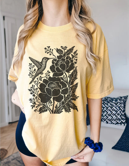 Boho Botanicals and Hummingbird Cottagecore Shirt, Aesthetic Tshirt, Boho T-Shirt, Vintage T Shirt, Soft Comfort Colors Tee, Plus Sizes