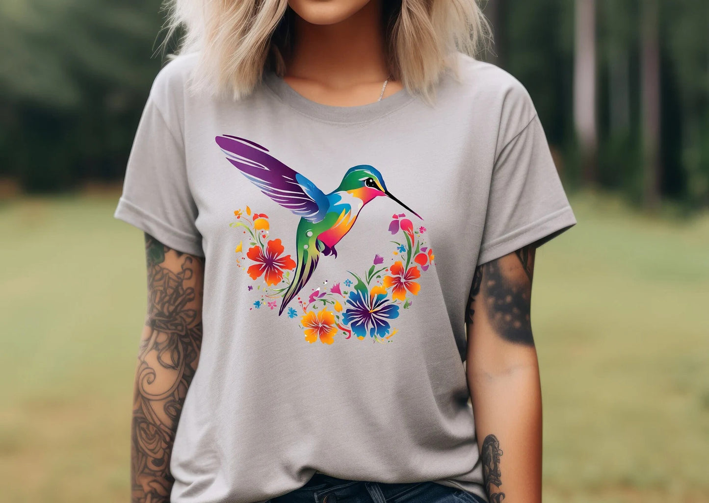 Floral Hummingbird T Shirt, Women's TShirt, Spring Summer Birds T-Shirt, Bird Lovers Tee, Wildlife Animal Shirt, Gifts for Her, Boho Hippie