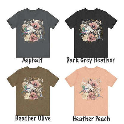 Blumen-T-Shirt für Damen, Blumen-T-Shirt für Damen, Blumen-Shirt für Damen, Kolibri-T-Shirt, Blumen-T-Shirt im Boho-Stil, Blumen-T-Shirt im Boho-Stil, Blumen-T-Shirt im Jugendstil