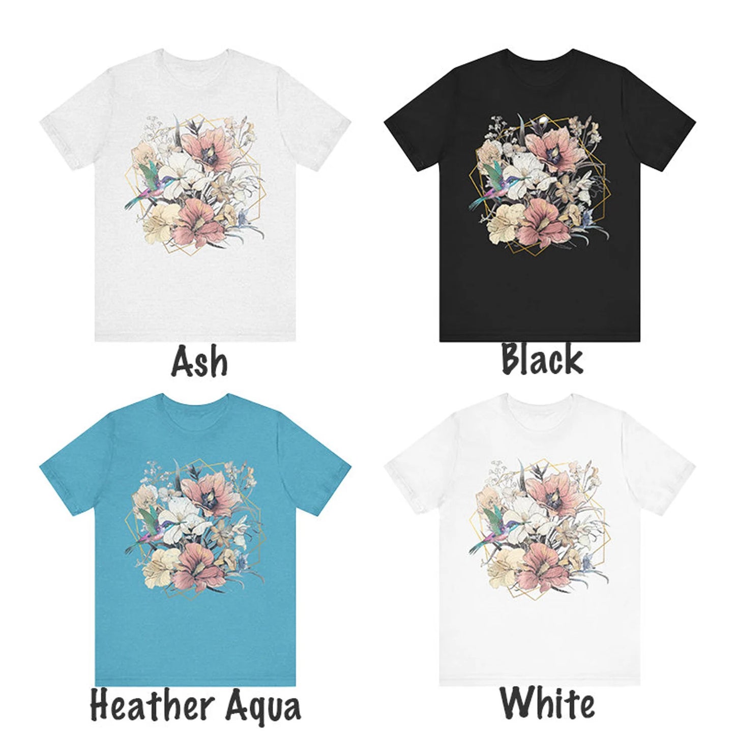 T-shirt floral femme, tee-shirt floral femme, chemise florale femme, tee-shirt colibri, t-shirt floral boho, tee-shirt floral boho, tee-shirt floral art nouveau