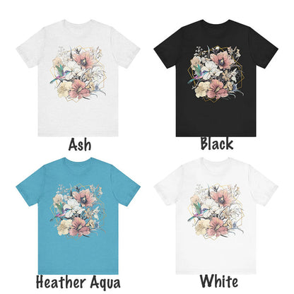 Blumen-T-Shirt für Damen, Blumen-T-Shirt für Damen, Blumen-Shirt für Damen, Kolibri-T-Shirt, Blumen-T-Shirt im Boho-Stil, Blumen-T-Shirt im Boho-Stil, Blumen-T-Shirt im Jugendstil