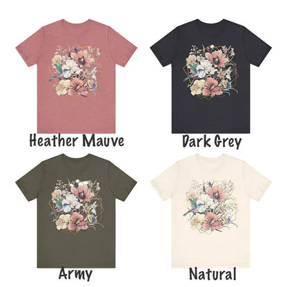 T-shirt floral femme, tee-shirt floral femme, chemise florale femme, tee-shirt colibri, t-shirt floral boho, tee-shirt floral boho, tee-shirt floral art nouveau