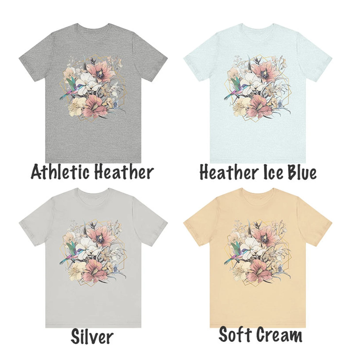 Blumen-T-Shirt für Damen, Blumen-T-Shirt für Damen, Blumen-Shirt für Damen, Kolibri-T-Shirt, Blumen-T-Shirt im Boho-Stil, Blumen-T-Shirt im Boho-Stil, Blumen-T-Shirt im Jugendstil