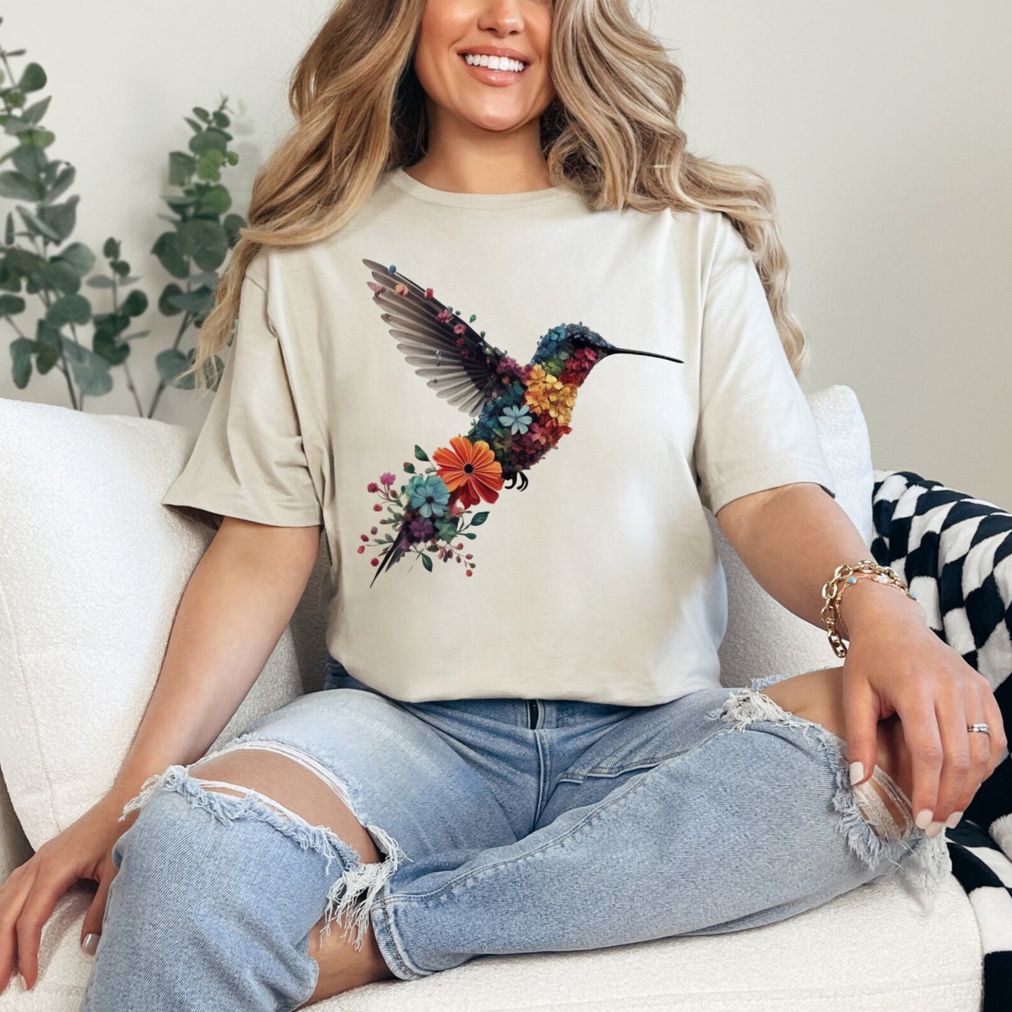 Blumen-Kolibri-Shirt | T-Shirt für Tierliebhaber | Vogel-T-Shirts | Trendy T-Shirt | Geschenk für sie | T-Shirt für Vogelliebhaber | Frühlingsvögel | Blumen-Shirt