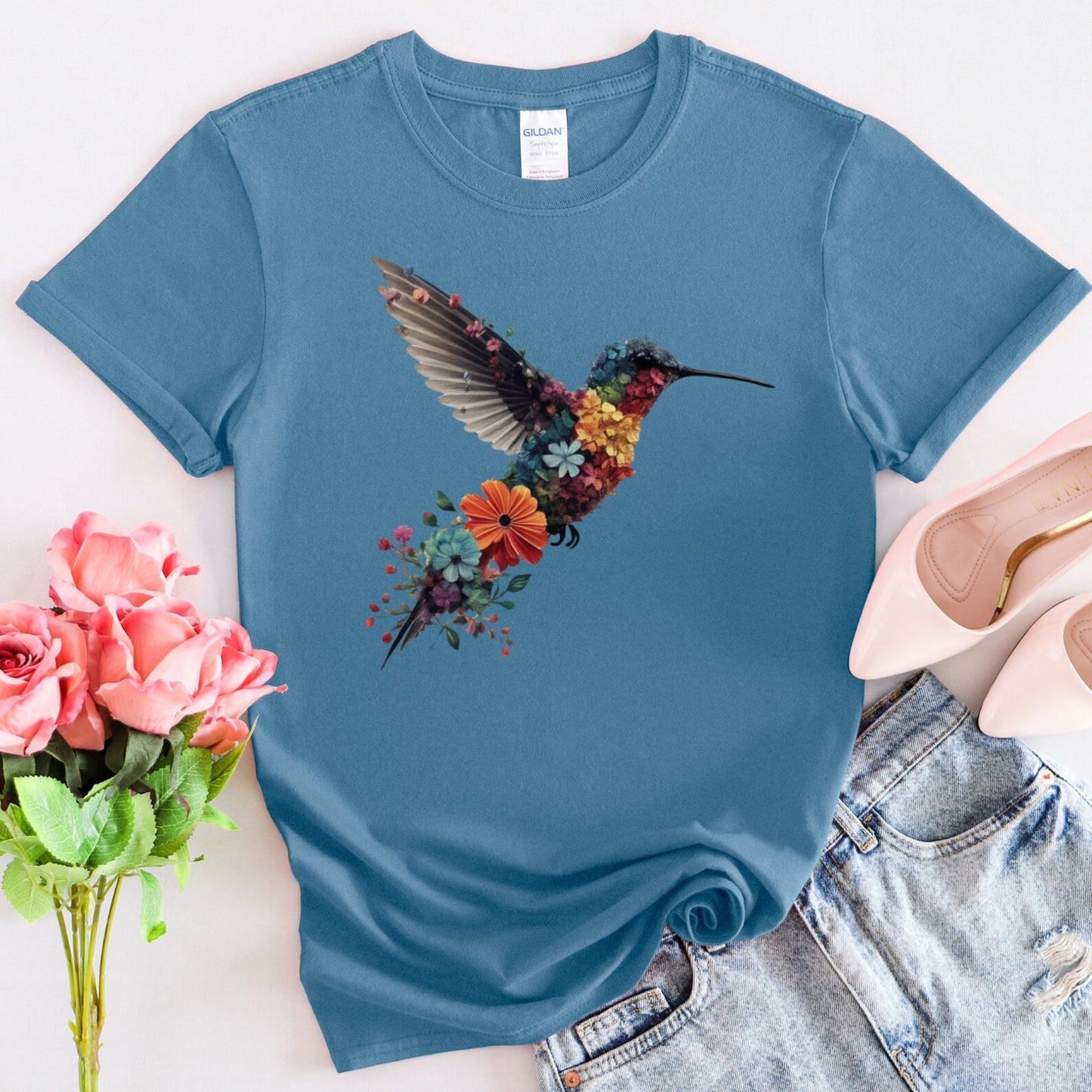 Blumen-Kolibri-Shirt | T-Shirt für Tierliebhaber | Vogel-T-Shirts | Trendy T-Shirt | Geschenk für sie | T-Shirt für Vogelliebhaber | Frühlingsvögel | Blumen-Shirt