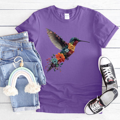 Blumen-Kolibri-Shirt | T-Shirt für Tierliebhaber | Vogel-T-Shirts | Trendy T-Shirt | Geschenk für sie | T-Shirt für Vogelliebhaber | Frühlingsvögel | Blumen-Shirt