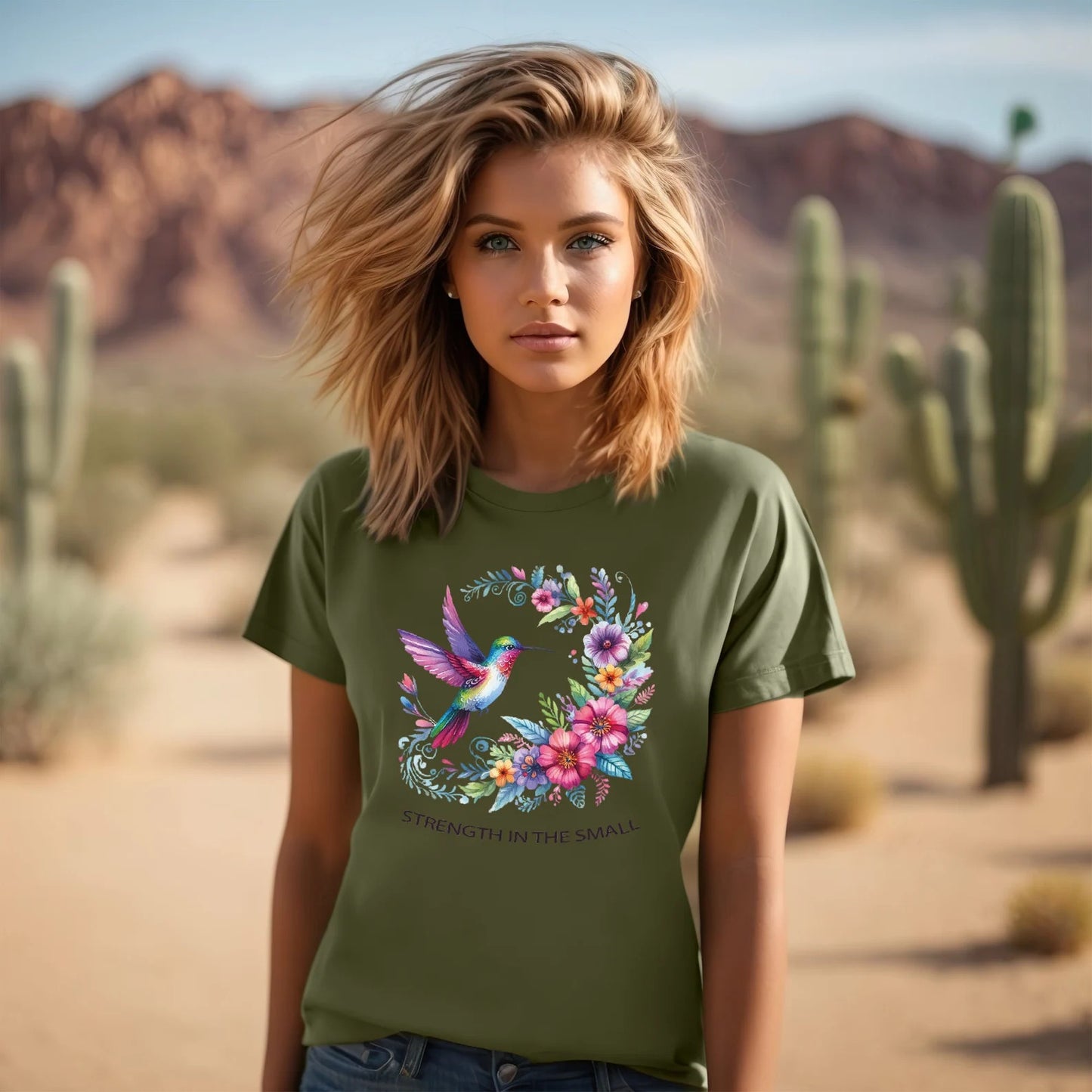 Kolibri-Shirt im Bohemian-Stil. T-Shirt mit bunten Blumen aus der Natur, gute Energie. Vogel-Cottagecore-T-Shirt. Frühlingsbotanisches Shirt Vogel