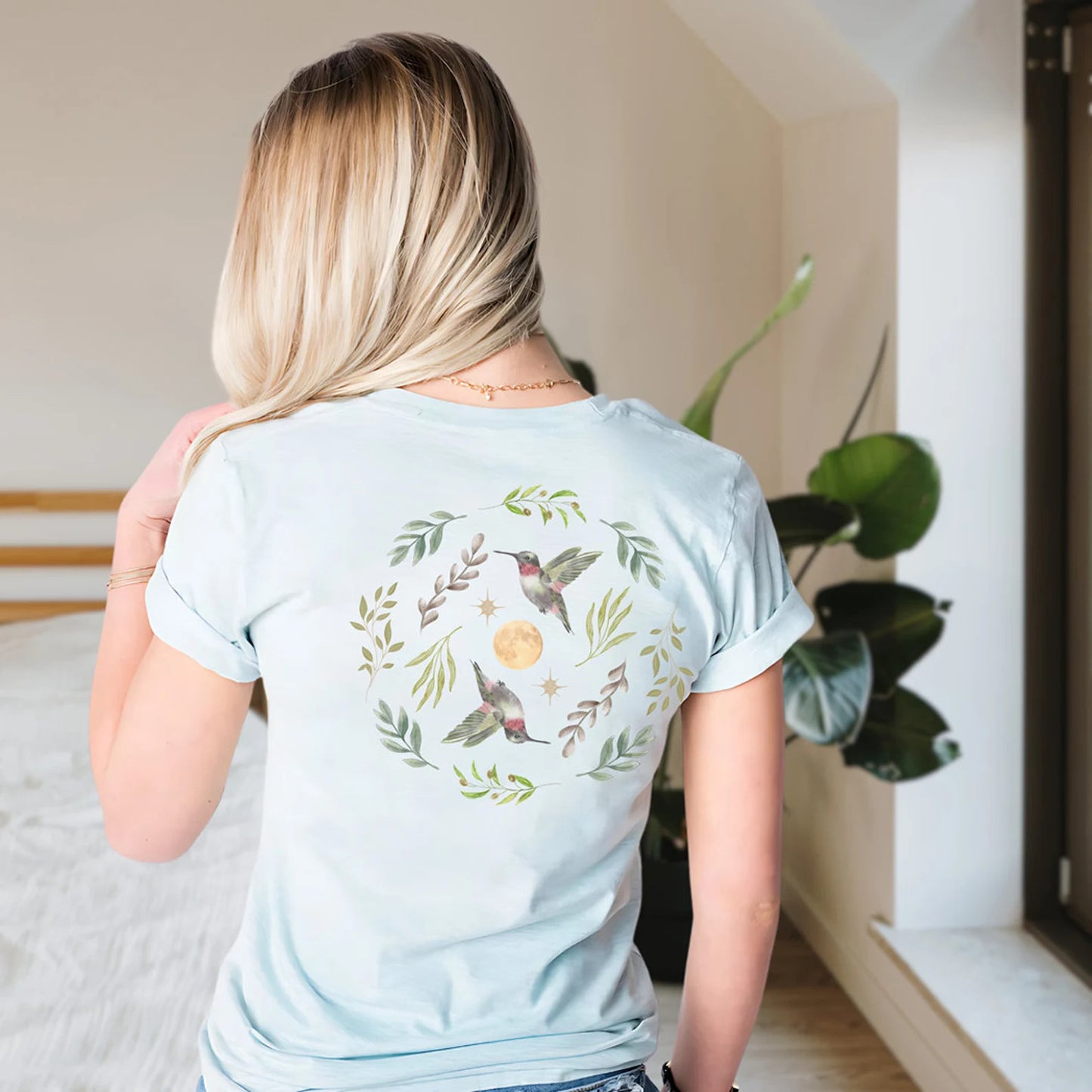 Kolibri, Blätter, Sterne und Vollmond T-Shirt | Cottagecore Wald Wahrsagung Grafik T-Shirt | Granola Girl Naturliebhaber Geschenk für Sie