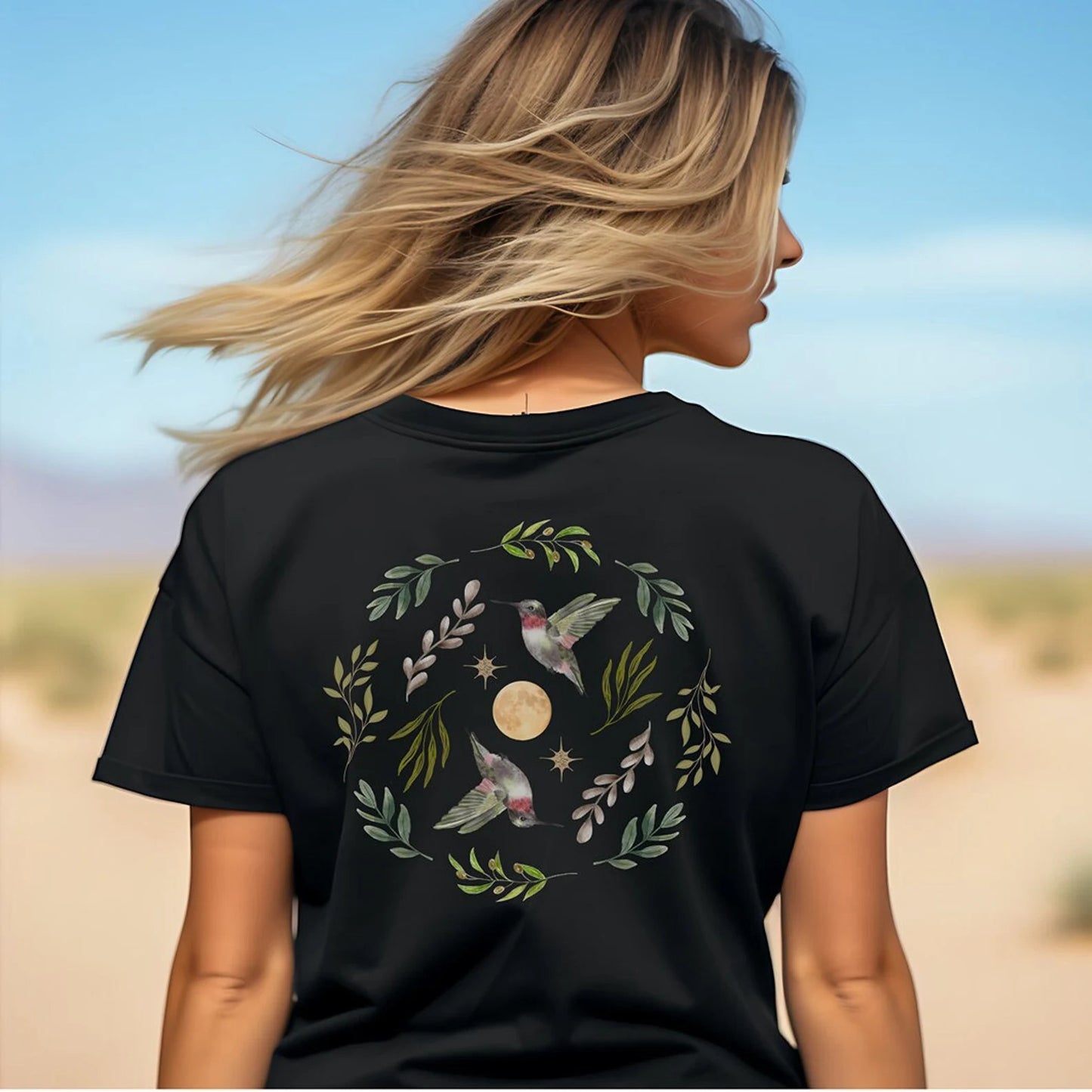 Colibri, feuilles, étoiles et pleine lune Tshirt | Cottagecore Forest Divination Graphique Tee | Cadeau d'amoureux de la nature Granola Girl pour elle