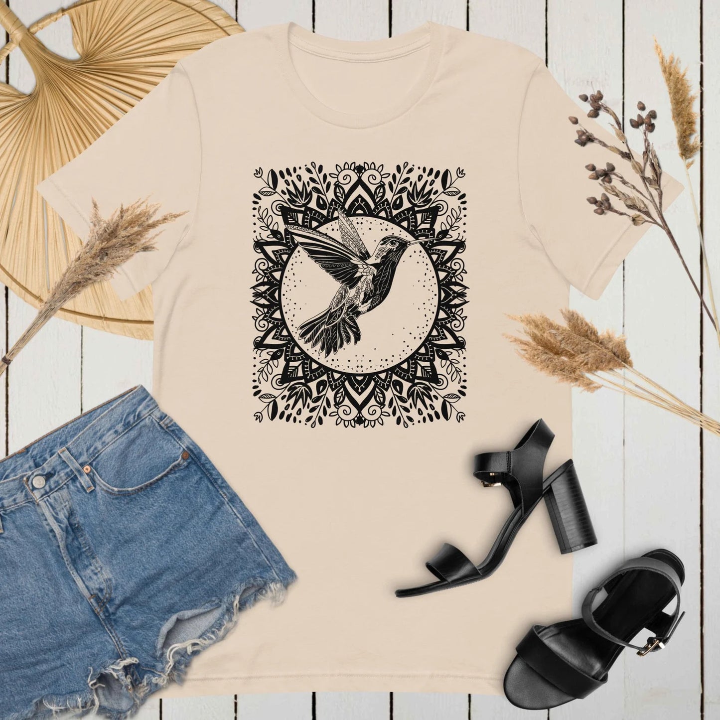 Floral Hummingbird t shirt linocut style. Floral mandala t shirt. Black and white floral bird shirt. Tropical bird shirt. Bird lover t-shirt