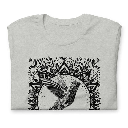 Floral Hummingbird t shirt linocut style. Floral mandala t shirt. Black and white floral bird shirt. Tropical bird shirt. Bird lover t-shirt