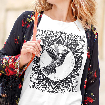 Floral Hummingbird t shirt linocut style. Floral mandala t shirt. Black and white floral bird shirt. Tropical bird shirt. Bird lover t-shirt