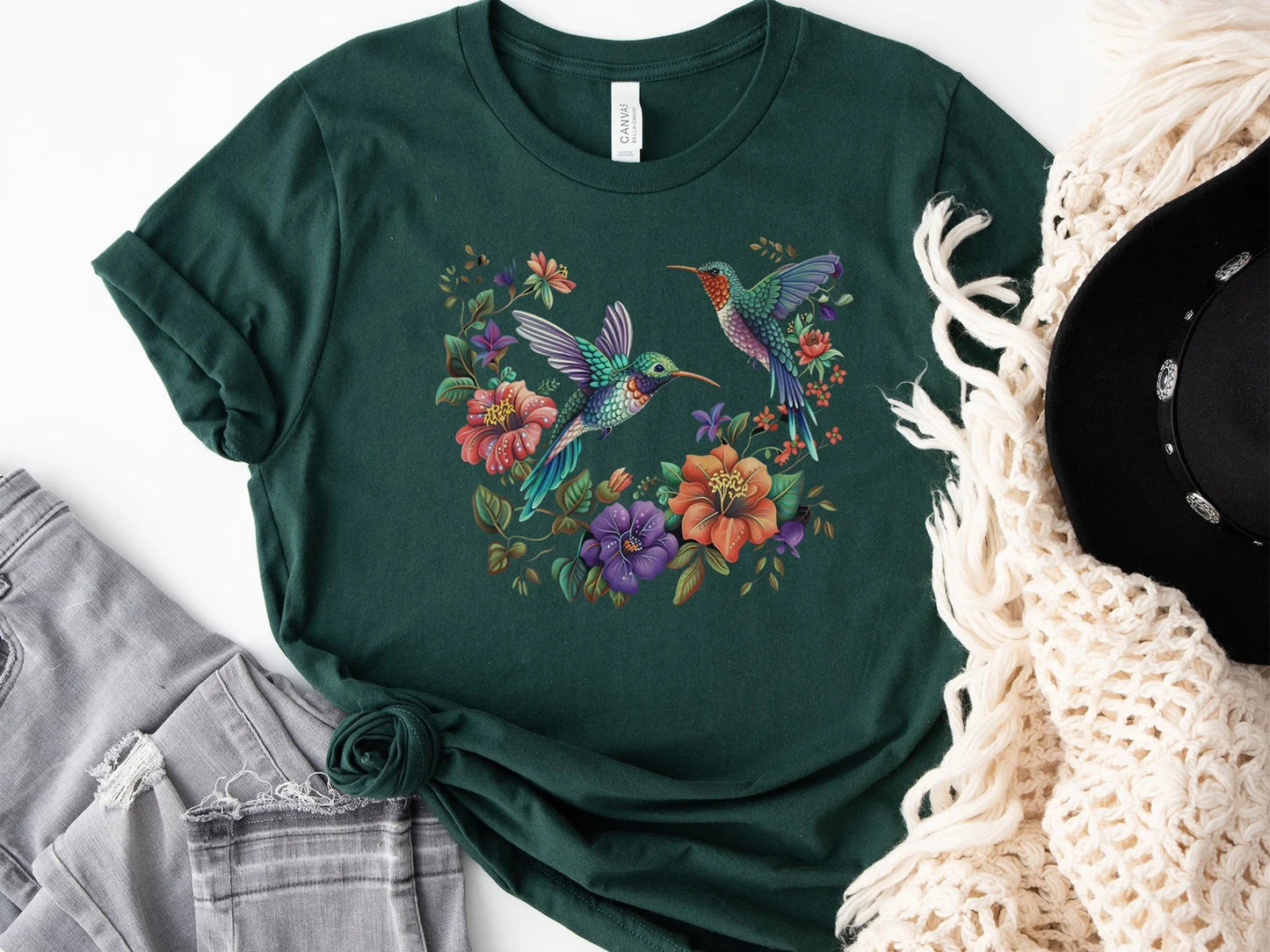 Floral Hummingbird T-Shirt, Colorful Nature Bird Print, Casual Summer Tee, Ladies Fashion Top, Gift for Bird Watchers