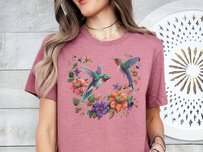 Floral Hummingbird T-Shirt, Colorful Nature Bird Print, Casual Summer Tee, Ladies Fashion Top, Gift for Bird Watchers